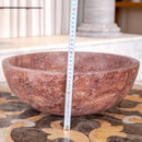 gobek red travertine natural stone vessel sink honed matte SKU NTRVS15 size (D)16" (H)6" height measure view gobek red travertine natural stone vessel sink honed matte SKU NTRVS15 size (D)16" (H)6" height measure view