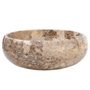 gobek valencia beige travertine natural stone vessel sink filled and polished SKU EGEVP166 Size (D)16" (H)6" side view product shot gobek valencia beige travertine natural stone vessel sink filled and polished SKU EGEVP166 Size (D)16" (H)6" side view product shot