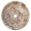 gobek valencia beige travertine natural stone vessel sink filled and polished SKU EGEVP166 Size (D)16" (H)6" top view product shot gobek valencia beige travertine natural stone vessel sink filled and polished SKU EGEVP166 Size (D)16" (H)6" top view product shot