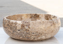 gobek valencia beige travertine natural stone vessel sink filled and polished SKU EGEVP166 Size (D)16" (H)6" side view product shot gobek valencia beige travertine natural stone vessel sink filled and polished SKU EGEVP166 Size (D)16" (H)6" side view product shot