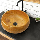 golden Sienna travertine natural stone Vessel Sink polished and filled size D16 H6 SKU EGEGSTR1673 installed on kitchen golden Sienna travertine natural stone Vessel Sink polished and filled size D16 H6 SKU EGEGSTR1673 installed on kitchen
