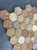 Scabos Travertine 2" Hexagon on 12" x 12" Mesh Mosaic Tile Scabos Travertine 2" Hexagon on 12" x 12" Mesh Mosaic Tile