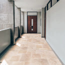 Light Beige Premium Travertine Tiles Antique Pattern Tumbled SKU-LBTPAPTUM Installed view on enterway Light Beige Premium Travertine Tiles Antique Pattern Tumbled SKU-LBTPAPTUM Installed view on enterway