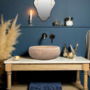 Light Beige Travertine Natural Stone Vessel Sink Filled and Polished  (D)16" (H)6" Light Beige Travertine Natural Stone Vessel Sink Filled and Polished  (D)16" (H)6"