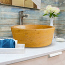 oasis gold travertine natural stone tapered sink honed filled size (D)16" (H)6" SKU-NTRSTC41 installed on bathroom above-counter oasis gold travertine natural stone tapered sink honed filled size (D)16" (H)6" SKU-NTRSTC41 installed on bathroom above-counter