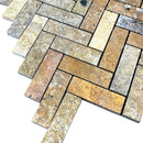 Scabos Travertine 1"x3" Herringbone on 12" x 12" Mesh Mosaic Tile SKU: HSSTH1x3HBMOSH corner view Scabos Travertine 1"x3" Herringbone on 12" x 12" Mesh Mosaic Tile SKU: HSSTH1x3HBMOSH corner view