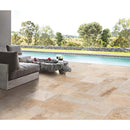 Scott rustic antique French pattern set travertine tile size pattern set surface brushed unfilled edge chiseled SKU-10104421 installed on terrace floor Scott rustic antique French pattern set travertine tile size pattern set surface brushed unfilled edge chiseled SKU-10104421 installed on terrace floor