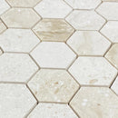 Shell Stone Limestone 2" Hexagon Honed on 12" x 12" Mesh Mosaic Tile SKU-HSSS2HEXMOSH close view Shell Stone Limestone 2" Hexagon Honed on 12" x 12" Mesh Mosaic Tile SKU-HSSS2HEXMOSH close view