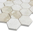 Shell Stone Limestone 2" Hexagon Honed on 12" x 12" Mesh Mosaic Tile SKU-HSSS2HEXMOSH corner view Shell Stone Limestone 2" Hexagon Honed on 12" x 12" Mesh Mosaic Tile SKU-HSSS2HEXMOSH corner view