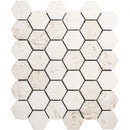 Shell Stone Limestone 2" Hexagon Honed on 12" x 12" Mesh Mosaic Tile SKU-HSSS2HEXMOSH Product shot on white background Shell Stone Limestone 2" Hexagon Honed on 12" x 12" Mesh Mosaic Tile SKU-HSSS2HEXMOSH Product shot on white background