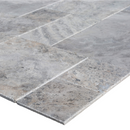 silver antique french pattern set travertine tile brushed chiseled filled SKU-10077236  close up thickness view of the product silver antique french pattern set travertine tile brushed chiseled filled SKU-10077236  close up thickness view of the product