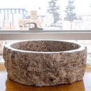 silver travertine rustic stone vessel sink polished interior hand chiseled exterior SKU NTRVS13 Size (D)16" (H)6" side view product shot silver travertine rustic stone vessel sink polished interior hand chiseled exterior SKU NTRVS13 Size (D)16" (H)6" side view product shot