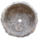 silver travertine rustic stone vessel sink polished interior hand chiseled exterior SKU NTRVS13 Size (D)16" (H)6" top view product shot silver travertine rustic stone vessel sink polished interior hand chiseled exterior SKU NTRVS13 Size (D)16" (H)6" top view product shot