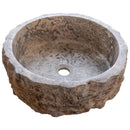 silver travertine rustic stone vessel sink polished interior hand chiseled exterior SKU NTRVS13 Size (D)16" (H)6" side view product shot silver travertine rustic stone vessel sink polished interior hand chiseled exterior SKU NTRVS13 Size (D)16" (H)6" side view product shot