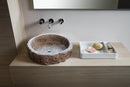 silver travertine rustic stone vessel sink polished interior hand chiseled exterior SKU NTRVS13 Size (D)16" (H)6" installed in the bathroom silver travertine rustic stone vessel sink polished interior hand chiseled exterior SKU NTRVS13 Size (D)16" (H)6" installed in the bathroom