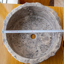 silver travertine rustic stone vessel sink polished interior hand chiseled exterior SKU NTRVS13 Size (D)16" (H)6" diameter measure view silver travertine rustic stone vessel sink polished interior hand chiseled exterior SKU NTRVS13 Size (D)16" (H)6" diameter measure view