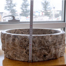 silver travertine rustic stone vessel sink polished interior hand chiseled exterior SKU NTRVS13 Size (D)16" (H)6" height measure view silver travertine rustic stone vessel sink polished interior hand chiseled exterior SKU NTRVS13 Size (D)16" (H)6" height measure view