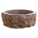 silver travertine rustic stone vessel sink polished interior hand chiseled exterior SKU NTRVS13 Size (D)16" (H)6" side view product shot silver travertine rustic stone vessel sink polished interior hand chiseled exterior SKU NTRVS13 Size (D)16" (H)6" side view product shot