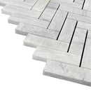 Solto white marble 1x3 herringbone honed SKU-HSSWH1x3HBMOSH corner view Solto white marble 1x3 herringbone honed SKU-HSSWH1x3HBMOSH corner view