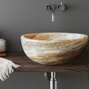 traonyx travertine onyx natural stone marble vessel sink size (D)16" (H)6" SKU-NTRVS32 installed on bathroom above the counter traonyx travertine onyx natural stone marble vessel sink size (D)16" (H)6" SKU-NTRVS32 installed on bathroom above the counter