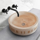 troia light travertine natural stone cylinder sink honed and filled matte SKU NTRVS39 size (D)16" (H)6" installed in bathroom troia light travertine natural stone cylinder sink honed and filled matte SKU NTRVS39 size (D)16" (H)6" installed in bathroom