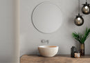Troia Light Travertine Round Above Vanity Bathroom Sink Honed (D)12.5" (H)6" installed above wooden vanity with a chrome faucet and soap dispenser Troia Light Travertine Round Above Vanity Bathroom Sink Honed (D)12.5" (H)6" installed above wooden vanity with a chrome faucet and soap dispenser