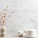 carrara white marble tile size 3"x6"x3/8" (7.5cmx15cm) surface polished edge beveled SKU-10086379 installed on kitchen wall carrara white marble tile size 3"x6"x3/8" (7.5cmx15cm) surface polished edge beveled SKU-10086379 installed on kitchen wall