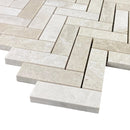 Vanilla Beige 1"x3" Herringbone on 12" x 12" Mesh Mosaic Tile SKU-HSVBH1x3HBMOSH corner view Vanilla Beige 1"x3" Herringbone on 12" x 12" Mesh Mosaic Tile SKU-HSVBH1x3HBMOSH corner view