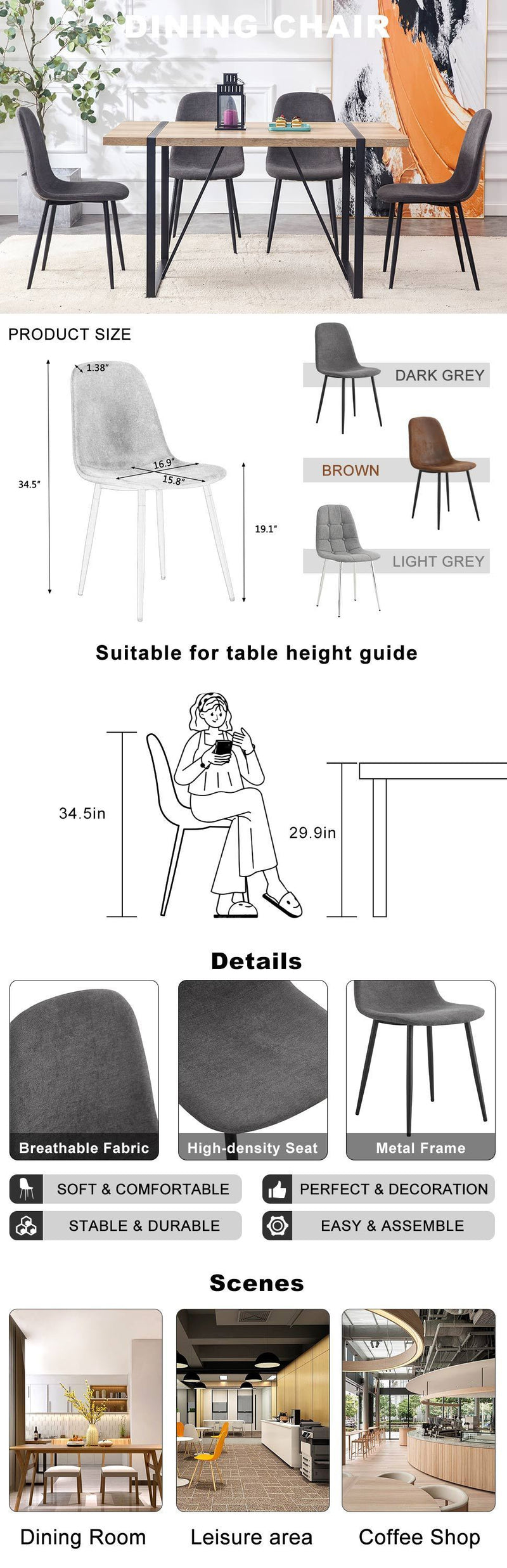 A set of 6 modern medieval style restaurant cushioned side chairs, equipped with soft cushions and black metal legs, suitable for kitchens, lounges, and farmhouses.