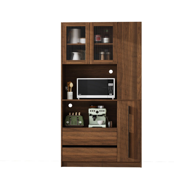 Tall Kitchen Pantry Cabinet With 4 Tier Side Shelf, 2 Drawers, Freestanding Food Hutch With Microwave Stand For Dining Room - Walnut, photo 2 of 23