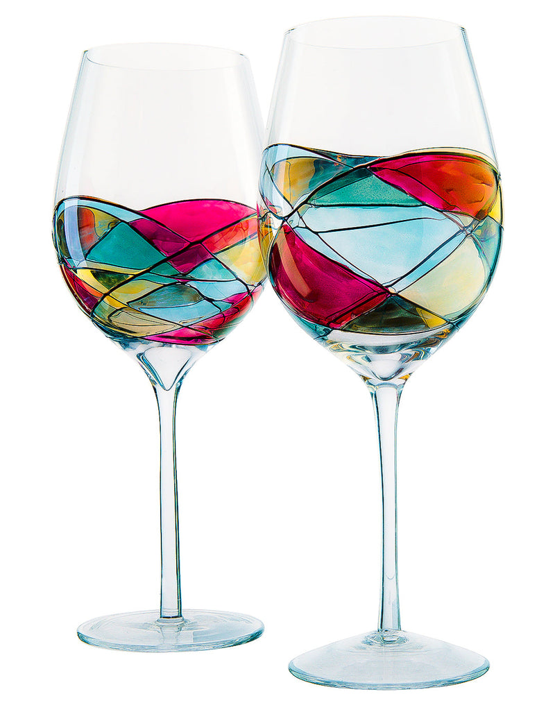 The Wine Savant Artisanal Hand Painted Renaissance Romantic Stain-glassed Windows Wine Glasses Set of 2 - Gift Idea for Her, Him, Birthday, Housewarming - Extra Large Goblets 29OZ (Stemmed)