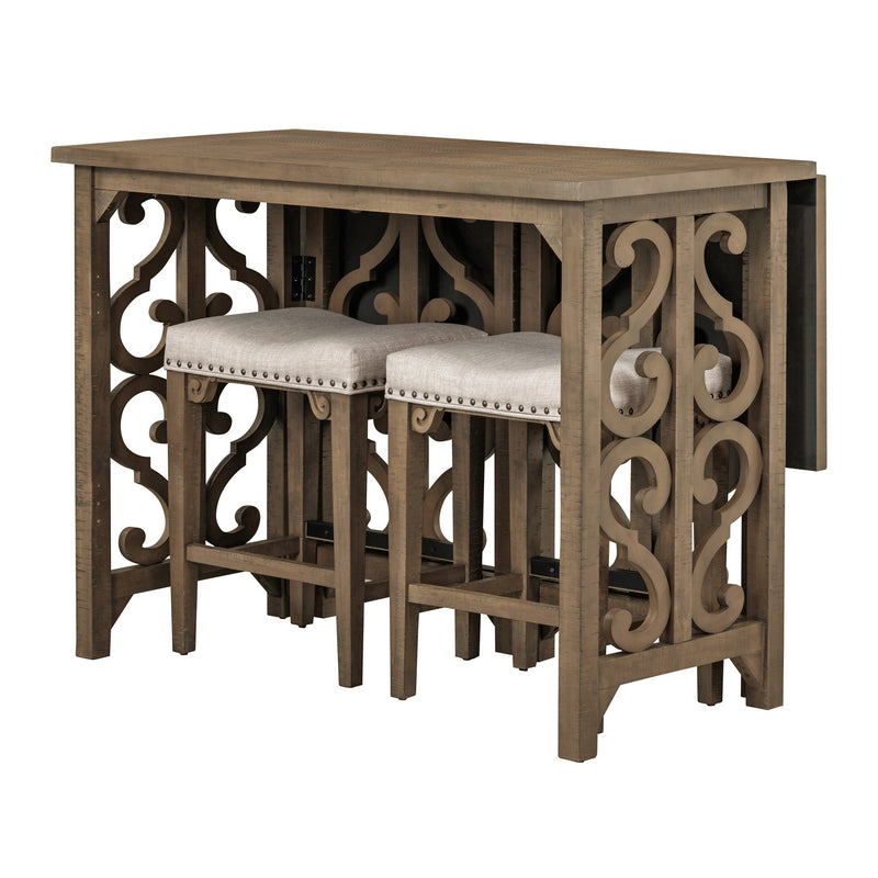 3-Piece Retro Dining Set Solid Wood Counter Height Pub Set Foldable Table with 2 Saddle Stools for Kitchen, Small Space (Distressed Brown)