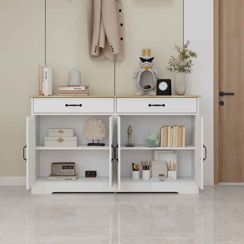 55.91" Large Farmhouse Buffet Cabinet Storage Sideboard with 2 Drawers and 4 Doors for Dining Living Room Kitchen Cupboard-White