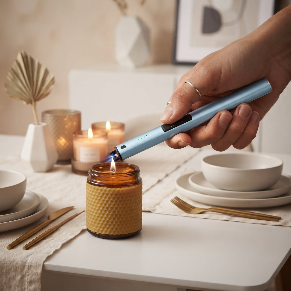Flameless Lighter Blue 9.5", installed in a room