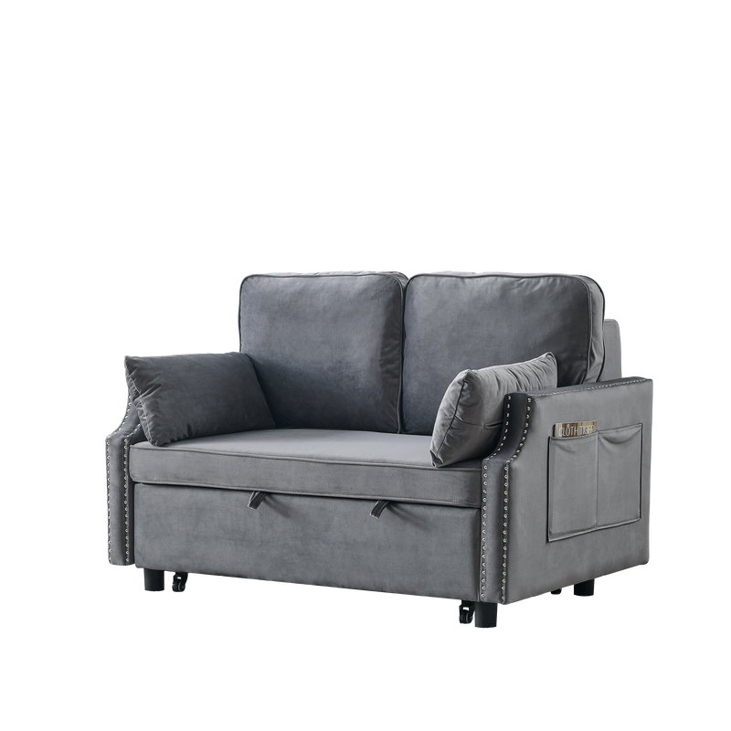 50" Velvet Upholstered Sleeper Sofa bed with Side Storage Pockets, Nailhead Design, 2-Seater Sofa with 2 Pillows and removeable Backrest Pull-out Sofa Bed for Small Spaces in Living Rooms