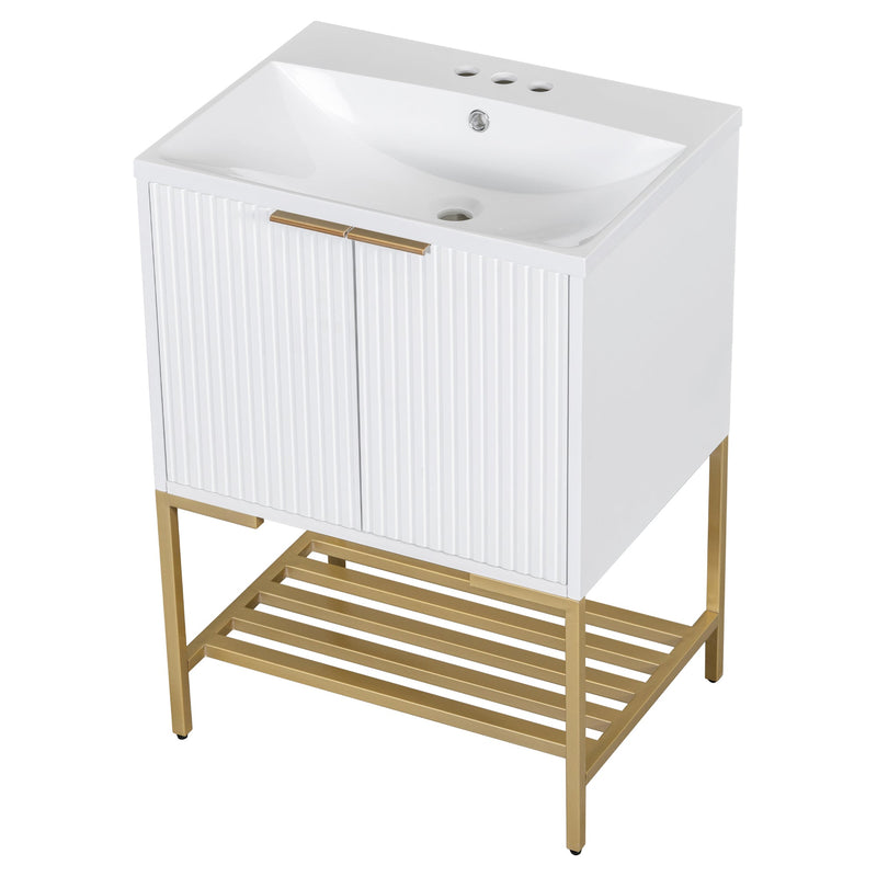 24" Bathroom Vanity with Sink, Bathroom Vanity Cabinet with Two Doors and Gold Metal Frame, Open Storage Shelf, White