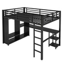 Full Size Loft Bed Frame with Built-in Wardrobe, Metal Loft Bed with Desk and Storage Shelves
