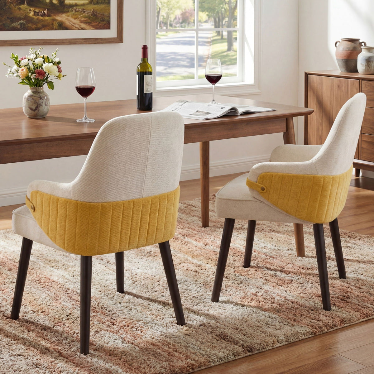 Indoor Dining Chair Set of 2 with Sturdy Frame - Beige / Yellow, photo 2 of 16