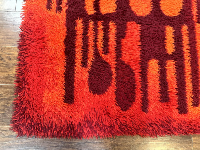 Danish Rya Shag Rug 4x6, Red Vintage Mid Century Retro Abstract Shag Rug