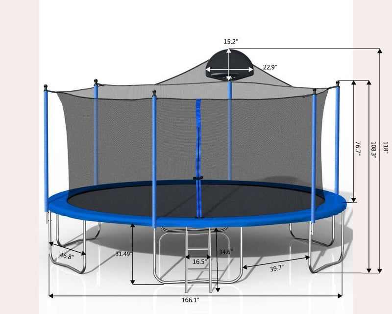 14Ft Trampoline For Adults & Kids With Basketball Hoop, Outdoor Trampolines With Ladder And Safety Enclosure Net For Kids And Adults - Blue, photo 2 of 15