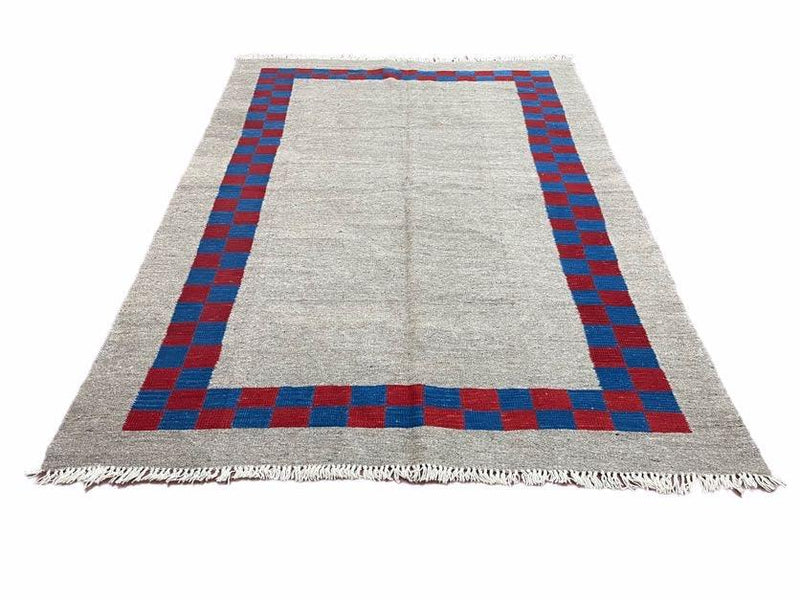 Gray Turkish Kilim Carpet 5' 7" x 7' 7", Medium Kilim Rug, Hand-Knotted, Blue & Red Border, Minimalistic Design, Geometric, Wool, New