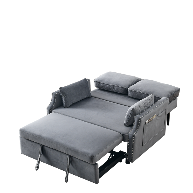 50" Velvet Upholstered Sleeper Sofa bed with Side Storage Pockets, Nailhead Design, 2-Seater Sofa with 2 Pillows and removeable Backrest Pull-out Sofa Bed for Small Spaces in Living Rooms