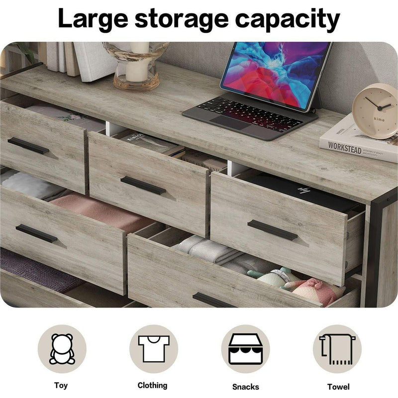 Wood Dresser with 7 Drawers, Wooden Storage Closet for Bedroom, Solid Clothes Cabinet with Sturdy Steel Frame, 48.58"Wx15.75"Dx31.22"H, 48 inch, Rustic Grey