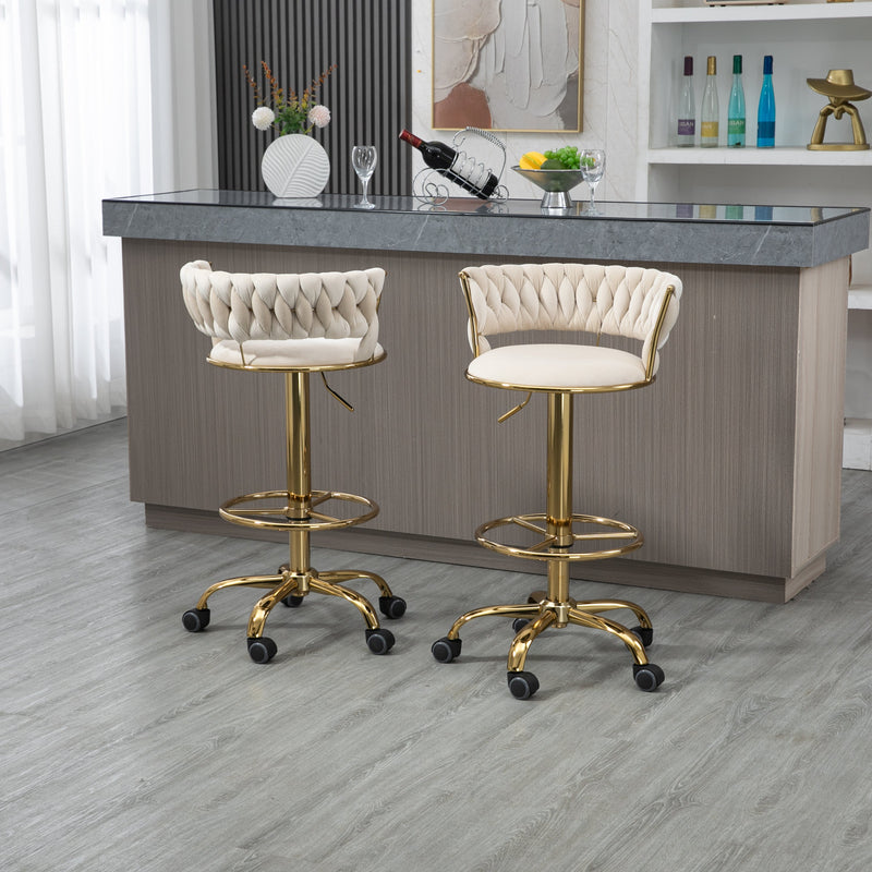 360 Adjustable Barstools Set of 2, Ergonomic Drafting Chair with Round Footrest and Backrest, Swivel Rolling Wheels for Spa, Studio, Classroom, Lab, Counter, Salon, Ivory