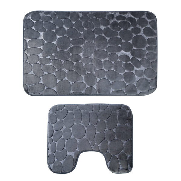 2 Pcs/Set Bathroom Rugs Luxury Flannel Non-Slip Bathroom Rugs Set Soft Pebbles Shower Absorbent Carpet U-Shaped Toilet Mat Washable for Bathroom Entra