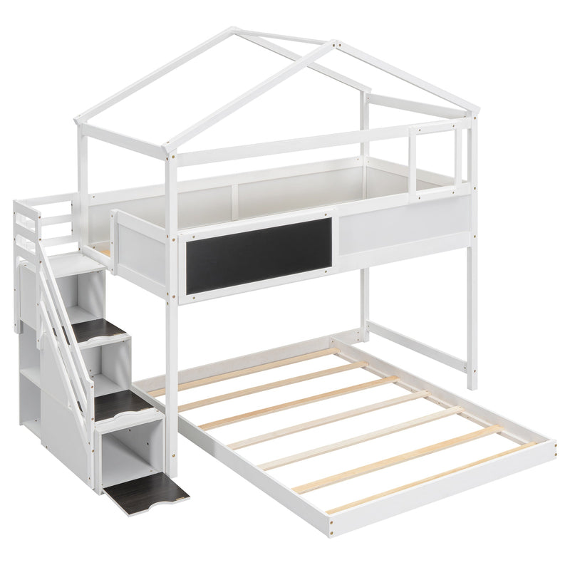 Walker Edison | Twin over Full House Bunk Bed with Storage Staircase and Blackboard, White