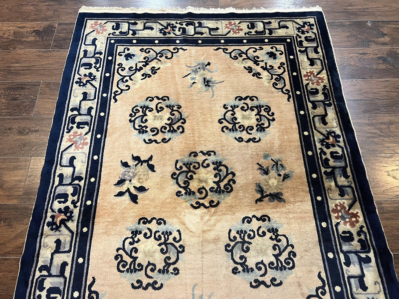 Chinese Peking Rug 4x6, Wool Hand Knotted Handmade Vintage Semi Antique Carpet, Semi Open Field, Light Peach & Navy Blue, Art Deco Rug