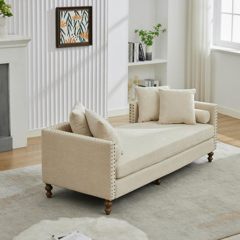 75.2'' Wide Upholstered Chaise Lounge Indoor with Nailheads,Sleeper Sofa Couch With 4 Throw Pillows&2 Bolsters,Daybed with Rubberwood Legs For Living Room,Bedroom, Apartment,Guestroom,Beige Chenille