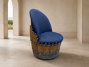 Whiskey & Wine Barrel Lounge Chair — Hidden Storage, Memory Foam, Blue Denim Upholstery (Limited)