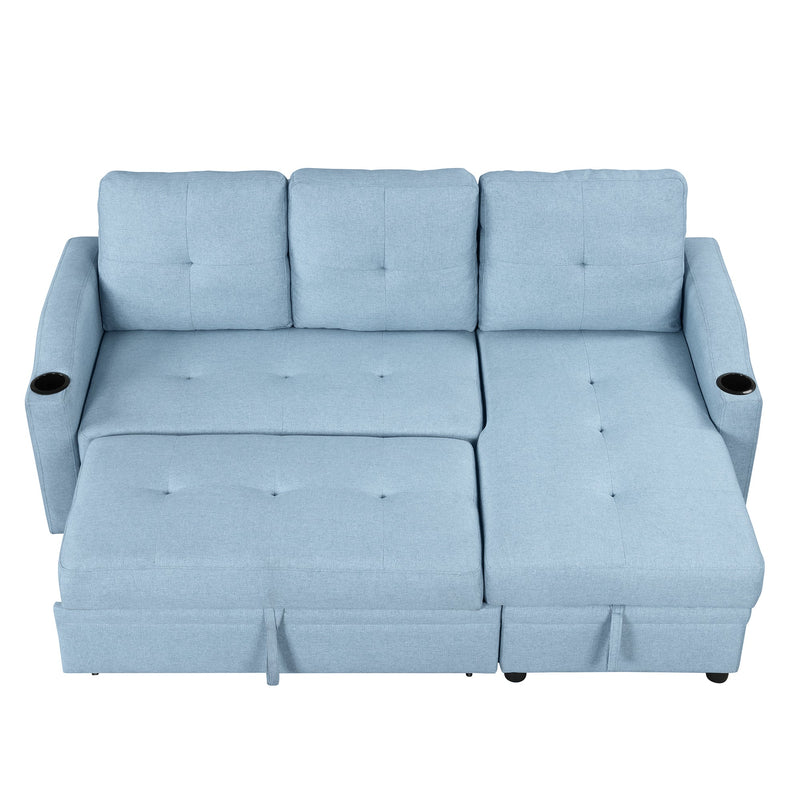 80.3" Pull Out Sofa Bed Modern Padded Upholstered Sofa Bed, Linen Fabric 3 Seater Couch with Storage Chaise and Cup Holder, Small Couch for Small Spaces